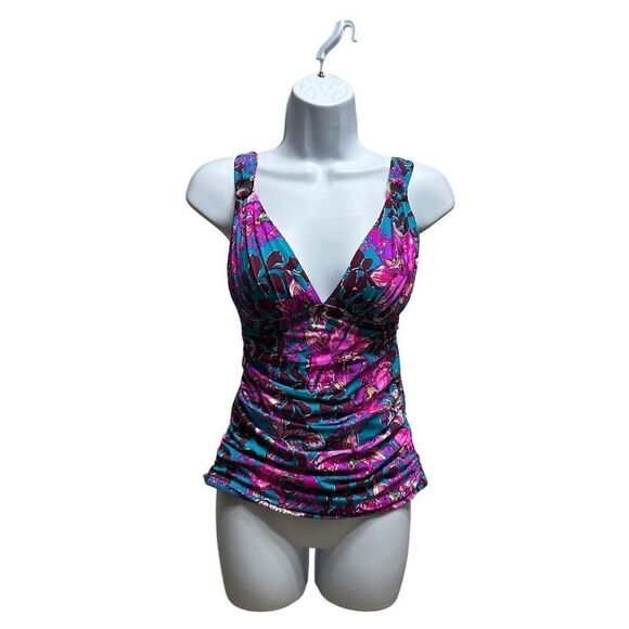 Lily Pulitzer Blue Pink Ruched Tummy Control Swim Top Size 2 - Picture 1 of 11